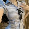 Moda Conjunto de Dos Piezas Verano Estilo Francés Preppy Lazo Mangas Abullonadas Cuello Polo Camisa Falda Pantalones Cortos para Mujer Conjunto de Dos Piezas