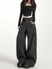 Jeans negros de bajo curvo para mujer, primavera y otoño, talla grande, cintura alta, adelgazantes, holgados, pierna ancha, pantalones cargo estampados talla grande