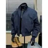 Chaqueta de béisbol para hombre con cuello alto, talla grande, estilo americano, corte holgado, abrigo corto, chaqueta de otoño, chaqueta bomber azul marino