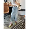 Saia Jeans que Cobre o Quadril!~Saia Jeans Evasê com Fenda Frontal para Mulheres, Novo Estilo Verão 2026, Saia Média de Cintura Alta Azul Claro