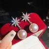 Brincos femininos de zircônia cintilante em formato de estrela e pérola em formato de floco de neve, estilo coreano, toque de luxo leve e alta qualidade, únicos, bonitos e requintados