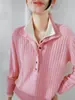 Suéter de punto acanalado 100% lana con media botonadura para mujer, cuello alto volteable de invierno, ajuste ceñido, tejido base de lana fina