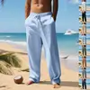 Novas Calças de Linho Retas Largas Casuais para Homem Europeu e Americano tk Cor Sólida Cordão Perna Larga Calças de Praia Estilo Multicolor