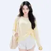 Top fino de manga larga para mujer, blusa con cordón, estilo nuevo, talla L, gasa de nube, cuello redondo, 2026, rosa, verano, corte holgado
