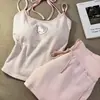 2026 Verano Dulce y Lindo Gato Rosa Rayado Pantalones Cortos con Tirantes Conjunto de Pijama para Casa