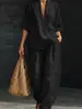 Traje casual europeo y americano transfronterizo, estilo vacacional, casual minimalista japonés, cuello en V, manga tres cuartos, pantalones de pierna ancha, conjunto de dos piezas para mujer