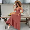 Vestido de Verano 2026 Nuevo Color Sólido Cuello en V Profundo Estilo Vacacional, Popular en Europa y América, Vestido Largo Casual de Playa para Mujer