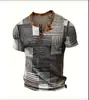 Camiseta retro de botão com meia-malha transpassada transfronteiriça, top pullover Henley casual de manga curta com estampa 3D slim fit para homens