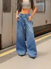 Jeans vintage de pierna ancha con múltiples botones transfronterizos para mujer, de tiro alto, plisados, corte holgado, con caída, tipo 'dad jeans' hasta el suelo para mujer