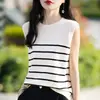 Top de punto sin mangas a rayas estilo chic francés transfronterizo de seda de hielo para mujer, fino de verano, rejuvenecedor, bonito y elegante, tipo camiseta sin mangas