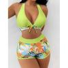 Traje de baño de dos piezas con estampado patchwork de estilo europeo y americano, con cuello halter de atar y shorts tipo bóxer para mujer, conjunto de bikini conservador para vacaciones