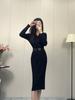 Vestido Tricô Preto Casual e de Alta Qualidade 2025 Novo Francês Elegante Elegante Slim Gola V Vestido Suéter