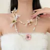 Collar de Flores de Colores Dulce y Fresco con Cuentas para Mujer, Cadena Doble para Clavícula, Cadena para el Cuello Elegante y de Alta Gama