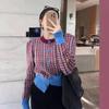 Cor de contraste elegante houndstooth design em torno do pescoço single-breasted malha cardigan camisola feminina elegante all-match estilo ocidental top