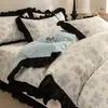 Conjunto de cama de quatro peças em veludo de leite francês suave de inverno, espessado e quente, incluindo uma colcha, capa de edredom e lençol com elástico