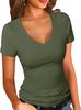 Europeu e Americano Aliexpress Amazon Feminino Verão Slim Sexy Decote V Manga Curta Cor Sólida Camiseta Top com Design Patchwork