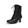 Botas Nuevas Retro Gruesas de Tacón Alto Punta Redonda con Cordones Brogue Botines Cortos para Mujer Estilo Británico Botines de Tobillo de Tacón Alto Botas de Comercio Exterior