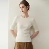 Top de tricô feminino com gola redonda, corte slim, mangas médias, fio Yangzi de 18 pontos, lã finamente fiada, para primavera e verão