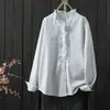 Camisa de manga larga de algodón puro estilo artístico para mujer, nueva camisa versátil de primavera, camisa básica, top para mujer