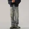 Jeans de mezclilla manchados para hombre, colección de primavera y otoño, corte recto, ajuste holgado, estilo callejero americano, marca de moda, geniales y elegantes, diseño retro
