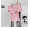 Top Corto de Manga Corta Fruncido con Lazo y Escote Cuadrado Estilo Francés, Nuevo Diseño de Verano con Blusa Pullover Única de Corte Ajustado para Mujer