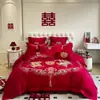 Dragão e Fênix Amigável à Pele Lavável Algodão Casamento Conjunto de Quatro Peças Casamento Grande Vermelho Estilo Chinês Lençol de Cama Lençol com Elástico Colcha de Casamento Casamento Quarto de Casamento Roupa de Cama