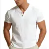 Camiseta de Manga Corta para Hombre de Estilo Chino de Verano, Cuello en V, Algodón y Lino, para Hombres Jóvenes, Delgada, Ajustada, Color Sólido, Pulóver de Dos Botones para Hombre