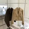 Chaqueta de solapa color Café Oscuro/Caqui Claro Otoño Nuevo Doble Botonadura Holgada Corta Rompevientos