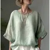 Gran stock disponible. Nuevo producto transfronterizo: camisa de color liso, cómoda, casual, cuello redondo, hombros caídos, corte holgado, estilizante, para mujer talla grande