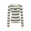 Top retro a rayas de manga larga, corte entallado, estilo francés, puro deseo, diseño elegante, camiseta adelgazante con transparencias para mujer, nueva colección de otoño