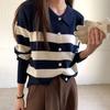 Sin Devoluciones ni Cambios Cárdigan de Punto Rayas Bloques de Color Estilo Coreano para Mujer Invierno Nuevo Estilo Cuello Solapa Casual Holgado Suéter 6233