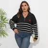 Suéter de punto de gran tamaño para mujer de otoño e invierno, nuevo, con costuras a rayas y cremallera de amor, F61800