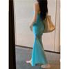 Vestido Azul de Alcinha Elegante Temperamento Estilo Irmã Real Emagrecedor Bodycon Curto Vestido Puro Desejo 2025