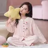 Nuevo Pijama de Algodón Nube con Dibujos Animados para Niña de Primavera y Otoño, Mangas Largas, Pantalones Largos, Cuello de Dibujos Animados, Ropa de Casa