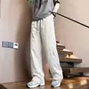 Calça casual trendy estilo americano para primavera e outono, malha de seda gelada vazada, unissex, cintura elástica com cordão, calça longa esportiva