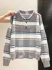 Suéter de Punto Holgado de Manga Larga con Cuello Polo Abotonado de Bloques de Color y Rayas para Mujer, Primavera y Otoño, Estilo Perezoso