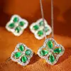 Trébol de Cuatro Hojas de la Suerte Esmeralda Simulada Juego de Pendientes Anillo Collar Joyería Elegante de Piedras Preciosas de Color Turmalina Verde