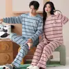 Pijama de Algodón Puro para Pareja Nuevo Estilo Otoño Cuello Redondo Primavera y Otoño Manga Larga Rayas Jersey Conjunto de Ropa para el Hogar con Pantalones Largos