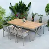 Mesas e Cadeiras de Exterior para Jardim e Pátio, Conjunto de Mesa e Cadeiras de Madeira Plástica para Exterior, Mesa Longa Extensível de Liga de Alumínio para Terraço, Resistente à Água e ao Sol, Cadeiras