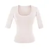 Camiseta de Lyocell Tencel con Cuello en U y Mangas Medias para Mujer 2026 Verano Única Elegante Chic Top Básico Ceñido a la Cintura