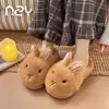 Fábrica de Zapatos Qidan Lindas Pantuflas de Felpa de Conejo de Dibujos Animados para Mujer, Otoño/Invierno, Cálidas con Felpa Adicional, Suela Gruesa, Pantuflas de Algodón para Exteriores/Interiores