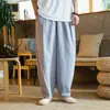 Calça de algodão e linho estilo chinês de verão masculina 2022 folgada plus size calça tipo bombacha cor sólida casual calça de perna larga calça de algodão e linho