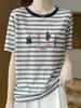 Camiseta a Rayas de Bloques de Color Retro Americana para Mujer, Cuello Redondo, Mangas Cortas Sueltas, Top Versátil Casual Estilo Bf para Primavera y Verano