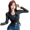 Tejido de punto de manga larga con perspectiva sexy retro francés para mujer, fino de seda de hielo, irregular, corto de cola de golondrina, base, camisa protectora solar