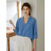 Camisa para mujer "Mar Azul Después de la Lluvia" estilo francés relajado azul con cuello en V y manga larga, top suelto y fino