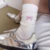 Calcetines Grises con Lazo para Mujer Primavera y Verano Nuevos Calcetines para Apilar Calcetines de Algodón de Doble Aguja Estilo Japonés Color Sólido Estilo Coreano Calcetines de Media Caña para Mujer
