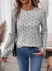 Moda Casual Cruzada Primavera e Outono 2025 Amazon Aliexpress Gola Redonda Estampado Manga Longa Blusa Feminina Estilo Casual Japonês e Coreano