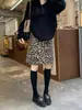 Foto Real~2025 Nova Saia Elegante Retrô de Lã com Estampa de Leopardo de Comprimento Médio para Mulheres