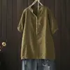 Blusa top de manga corta floral de gasa de algodón de doble capa con cuello en V para mujer, camisa holgada de talla grande para mujer