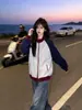 Sudadera con Capucha y Cremallera de Cuello Alto con Diseño de Personalidad de Calle de Alta Gama de Tendencia Americana Patchwork Bloques de Color Chaqueta Top de Otoño para Mujer